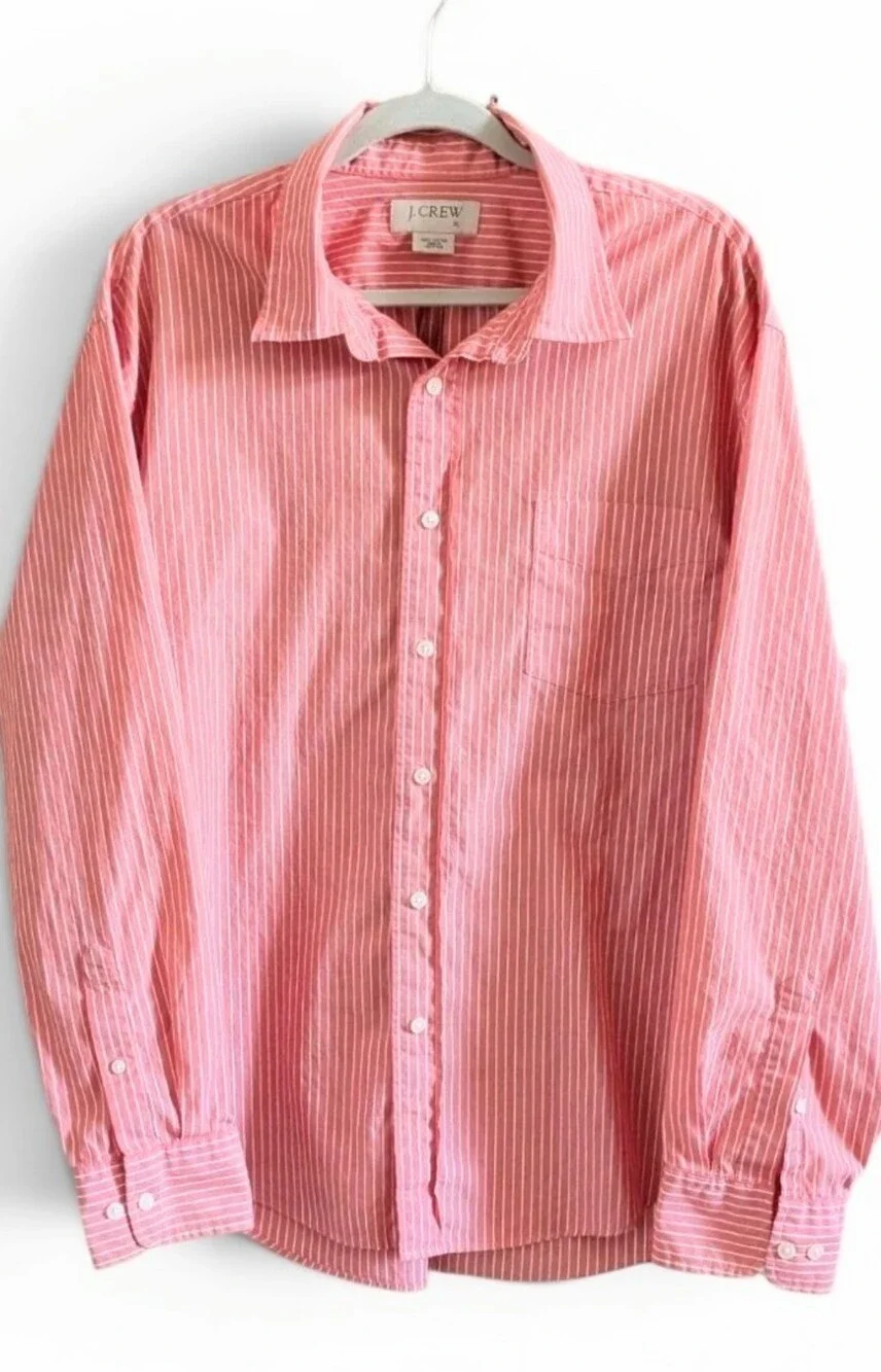 J. Crew Coral Pink White Striped Casual Button Down Cotton Shirt Classic Fit L/S